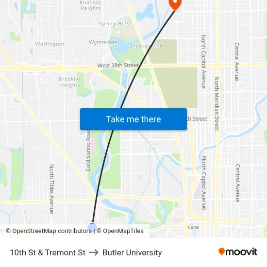 10th St & Tremont St to Butler University map