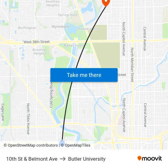 10th St & Belmont Ave to Butler University map
