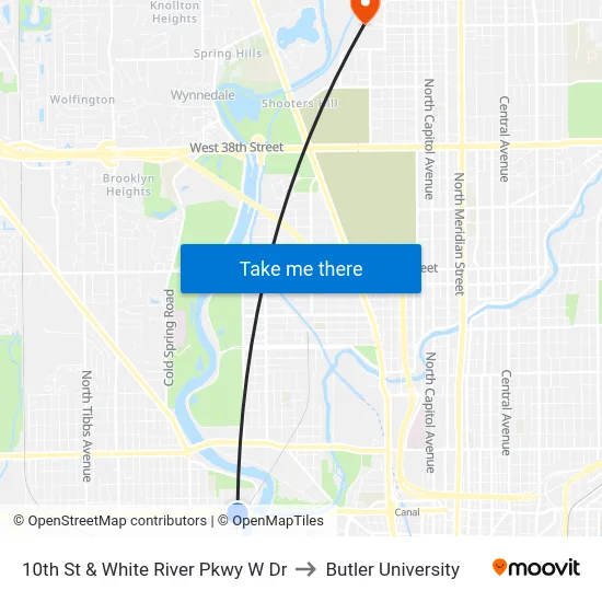 10th St & White River Pkwy W Dr to Butler University map