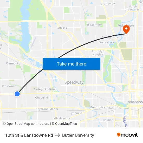 10th St & Lansdowne Rd to Butler University map