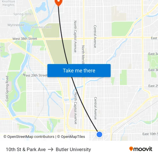 10th St & Park Ave to Butler University map