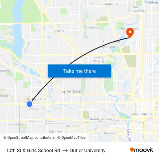 10th St & Girls School Rd to Butler University map