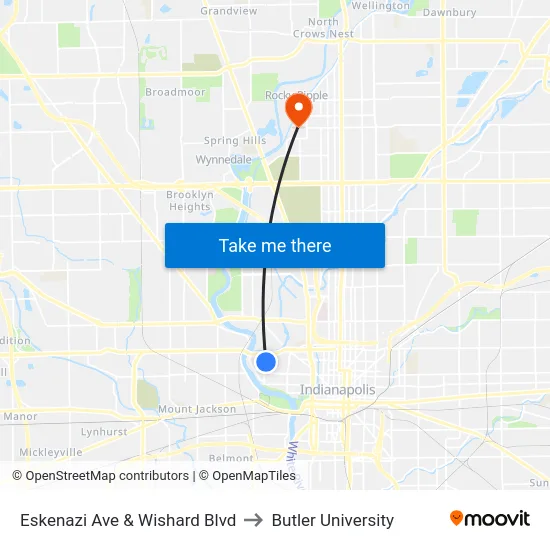 Eskenazi Ave & Wishard Blvd to Butler University map
