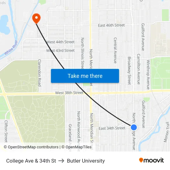 College Ave & 34th St to Butler University map
