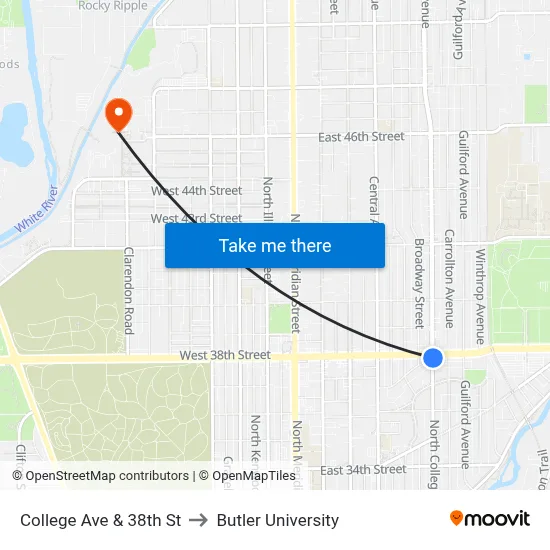 College Ave & 38th St to Butler University map