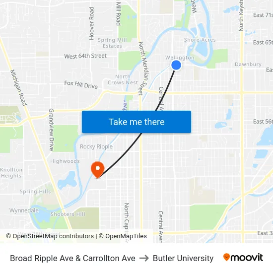 Broad Ripple Ave & Carrollton Ave to Butler University map