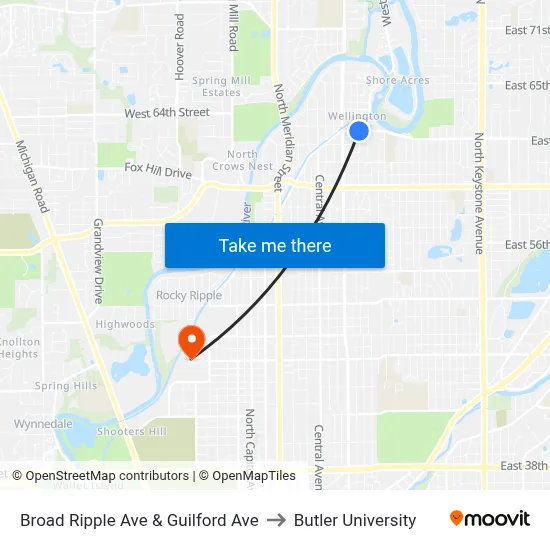 Broad Ripple Ave & Guilford Ave to Butler University map