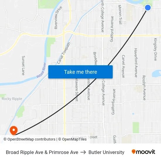 Broad Ripple Ave & Primrose Ave to Butler University map
