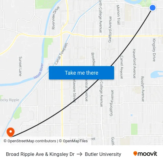 Broad Ripple Ave & Kingsley Dr to Butler University map