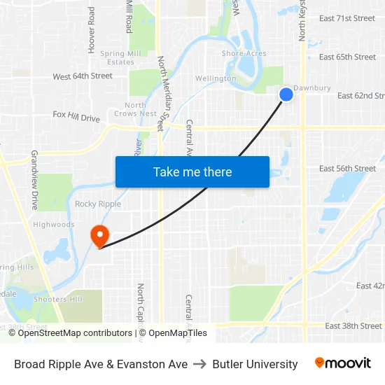 Broad Ripple Ave & Evanston Ave to Butler University map