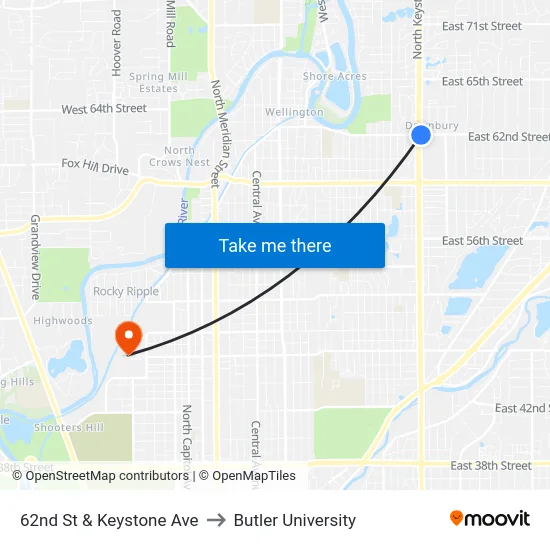 62nd St & Keystone Ave to Butler University map