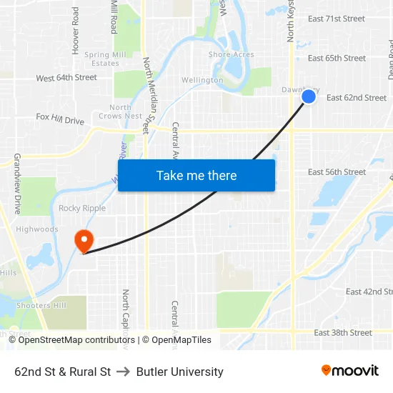 62nd St & Rural St to Butler University map
