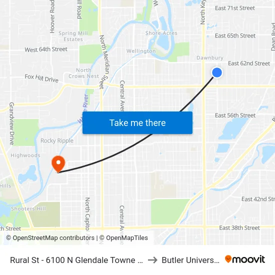 Rural St - 6100 N Glendale Towne Ctr to Butler University map
