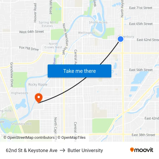 62nd St & Keystone Ave to Butler University map