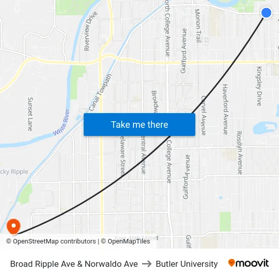 Broad Ripple Ave & Norwaldo Ave to Butler University map