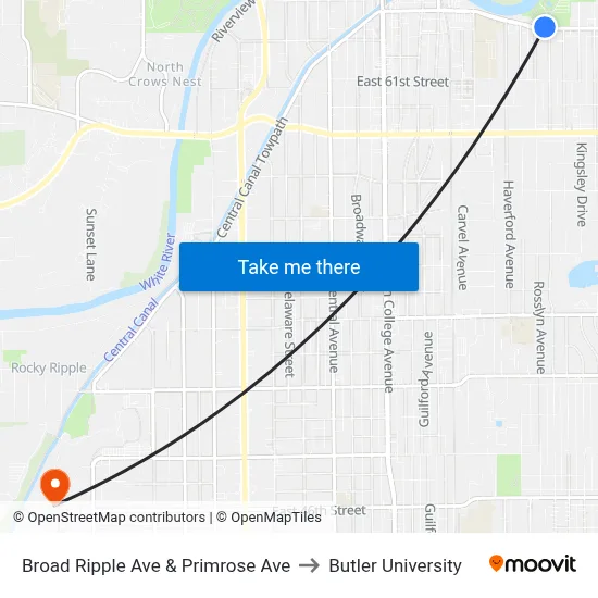 Broad Ripple Ave & Primrose Ave to Butler University map