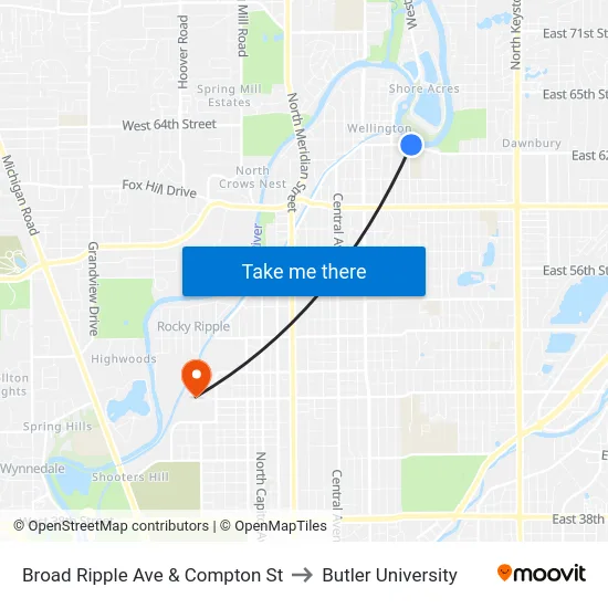 Broad Ripple Ave & Compton St to Butler University map