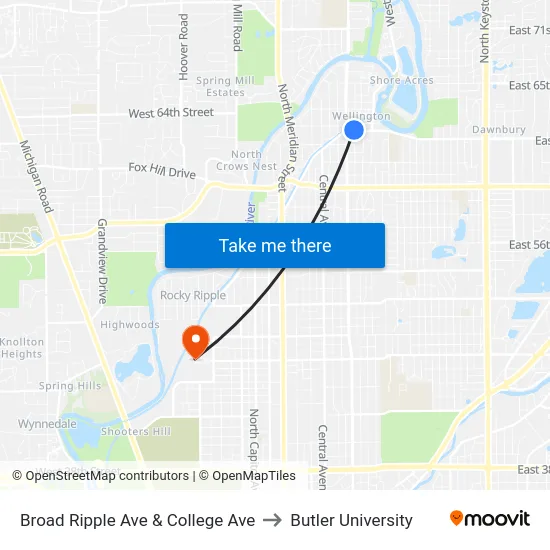 Broad Ripple Ave & College Ave to Butler University map