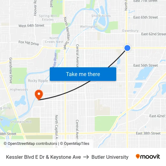 Kessler Blvd E Dr & Keystone Ave to Butler University map