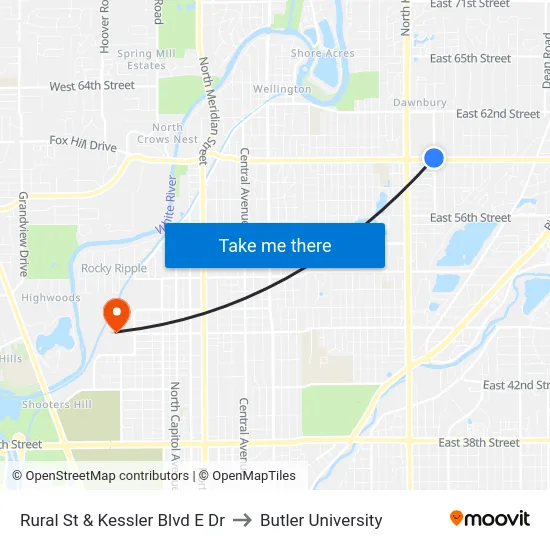 Rural St & Kessler Blvd E Dr to Butler University map