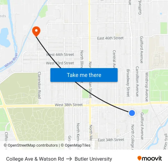 College Ave & Watson Rd to Butler University map