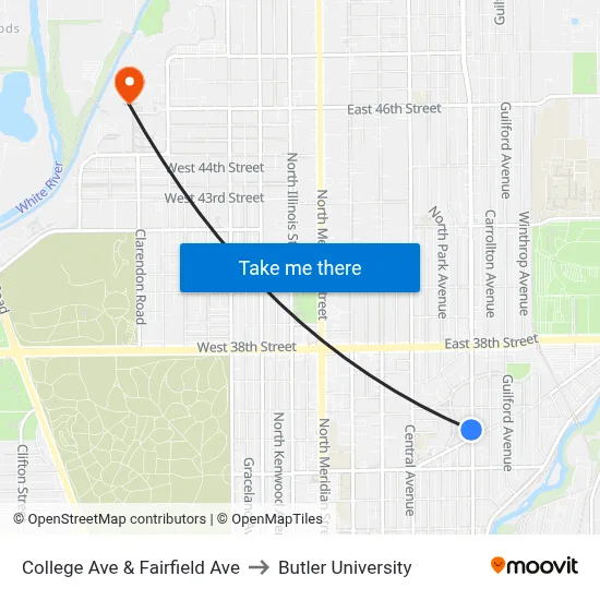 College Ave & Fairfield Ave to Butler University map