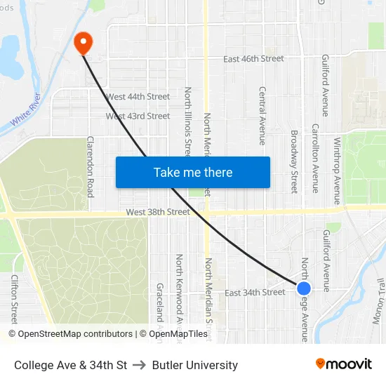 College Ave & 34th St to Butler University map