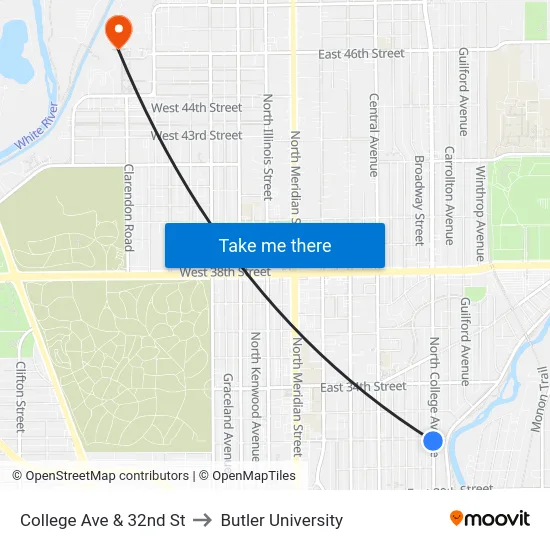 College Ave & 32nd St to Butler University map