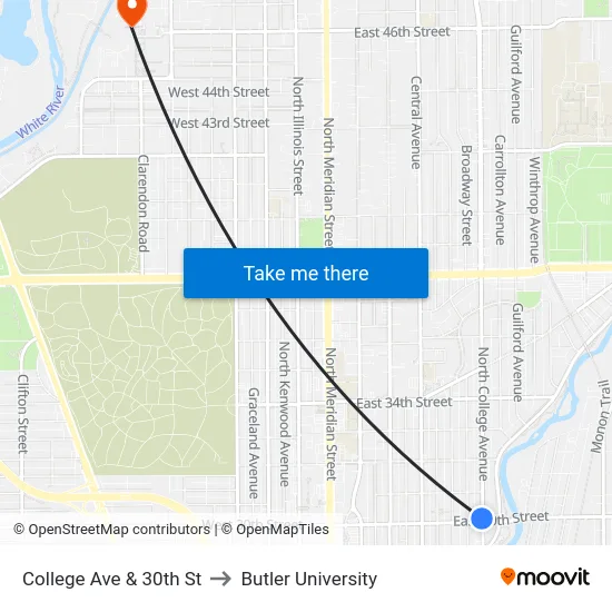 College Ave & 30th St to Butler University map