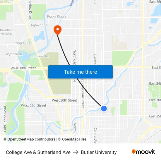 College Ave & Sutherland Ave to Butler University map