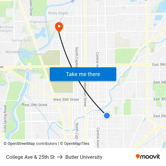 College Ave & 25th St to Butler University map