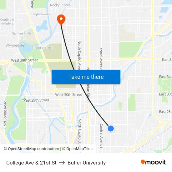 College Ave & 21st St to Butler University map