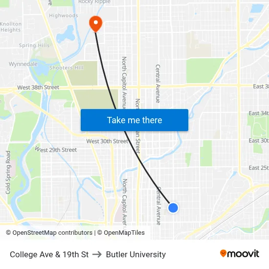 College Ave & 19th St to Butler University map