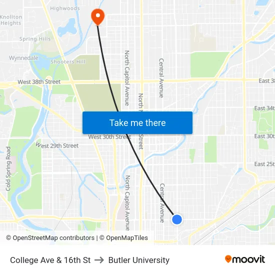 College Ave & 16th St to Butler University map
