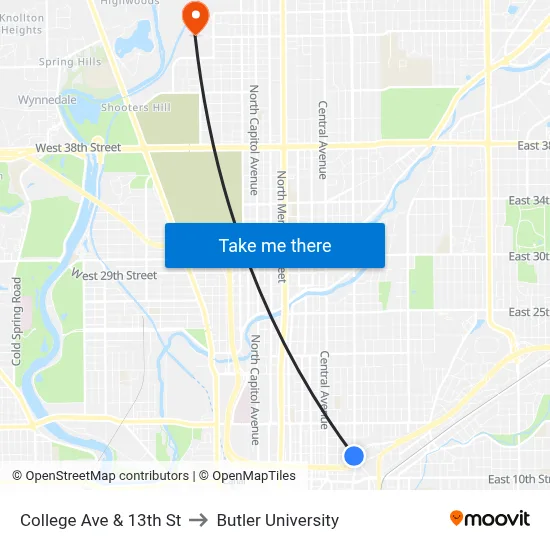 College Ave & 13th St to Butler University map
