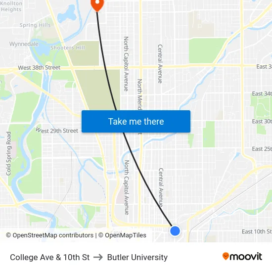 College Ave & 10th St to Butler University map