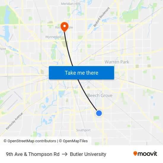 9th Ave & Thompson Rd to Butler University map
