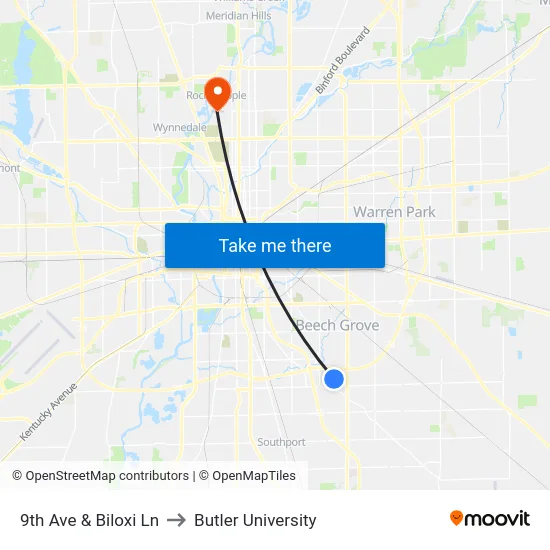 9th Ave & Biloxi Ln to Butler University map