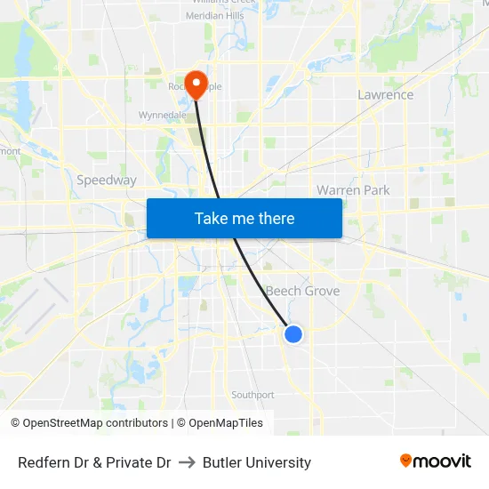 Redfern Dr & Private Dr to Butler University map