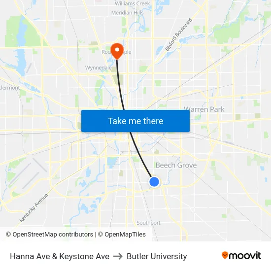 Hanna Ave & Keystone Ave to Butler University map