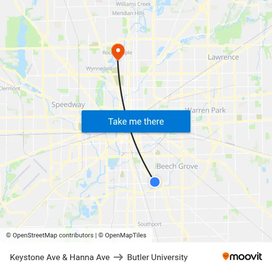 Keystone Ave & Hanna Ave to Butler University map