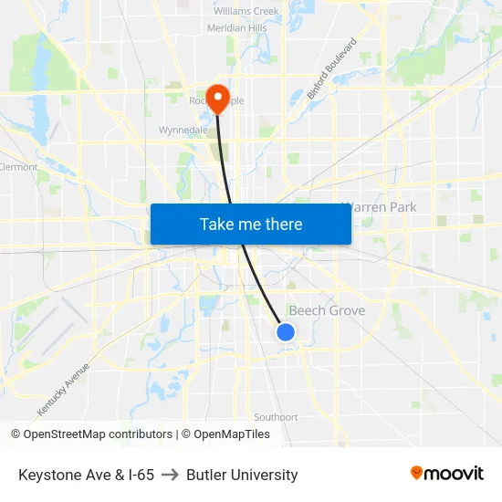 Keystone Ave & I-65 to Butler University map