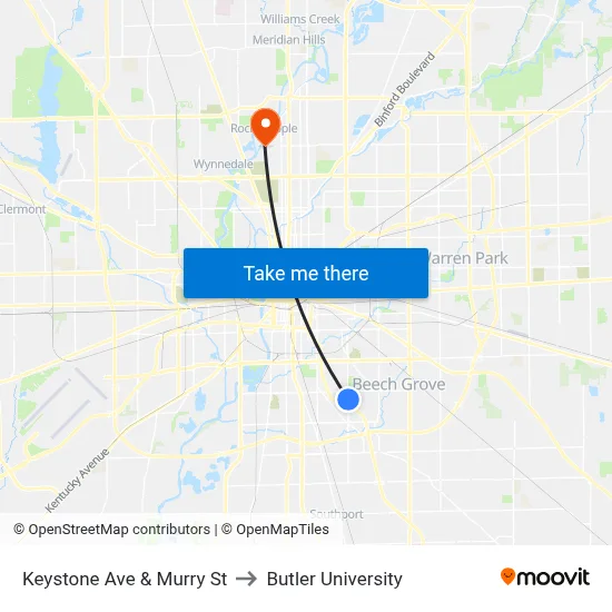 Keystone Ave & Murry St to Butler University map