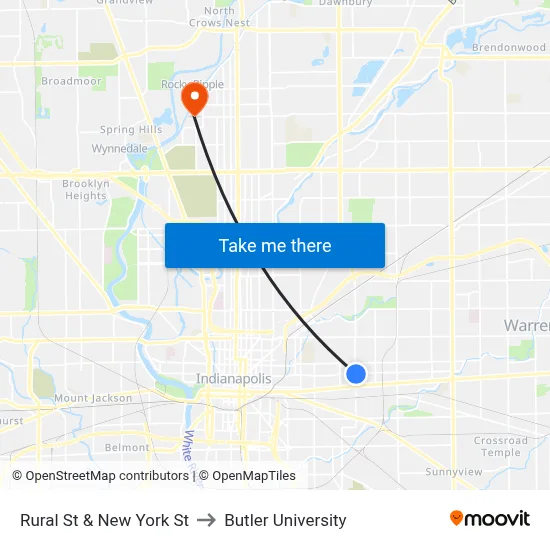 Rural St & New York St to Butler University map