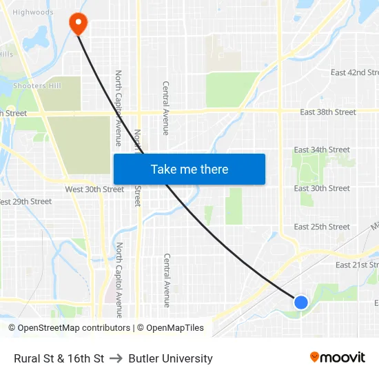Rural St & 16th St to Butler University map