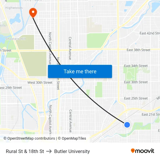 Rural St & 18th St to Butler University map