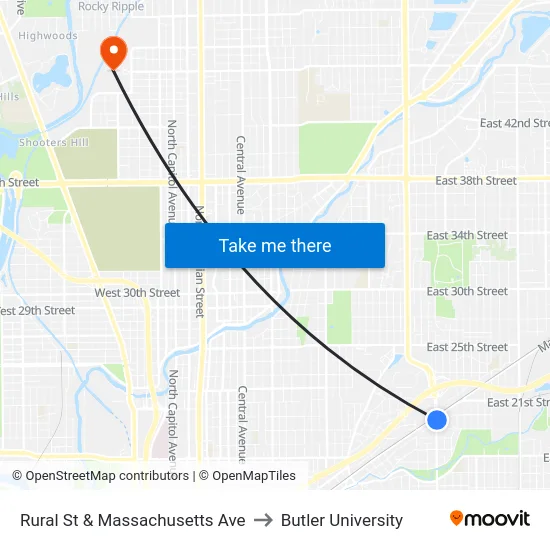 Rural St & Massachusetts Ave to Butler University map