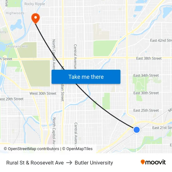 Rural St & Roosevelt Ave to Butler University map