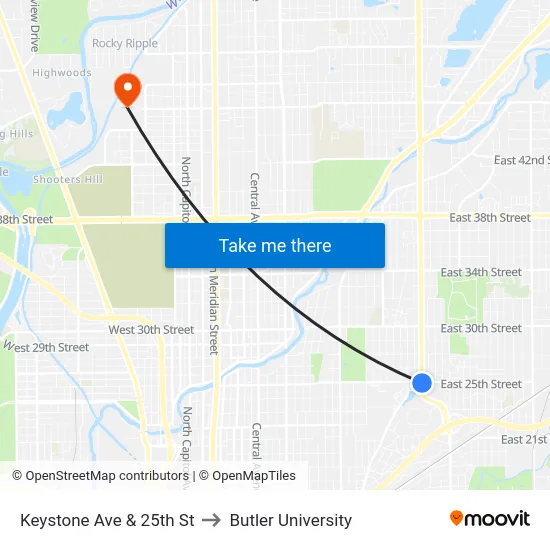 Keystone Ave & 25th St to Butler University map