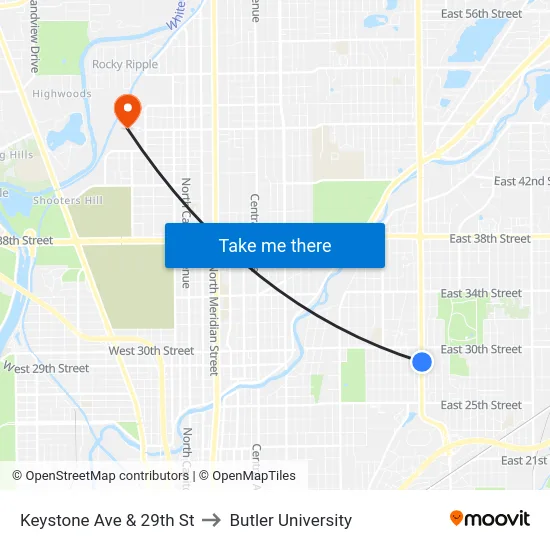 Keystone Ave & 29th St to Butler University map